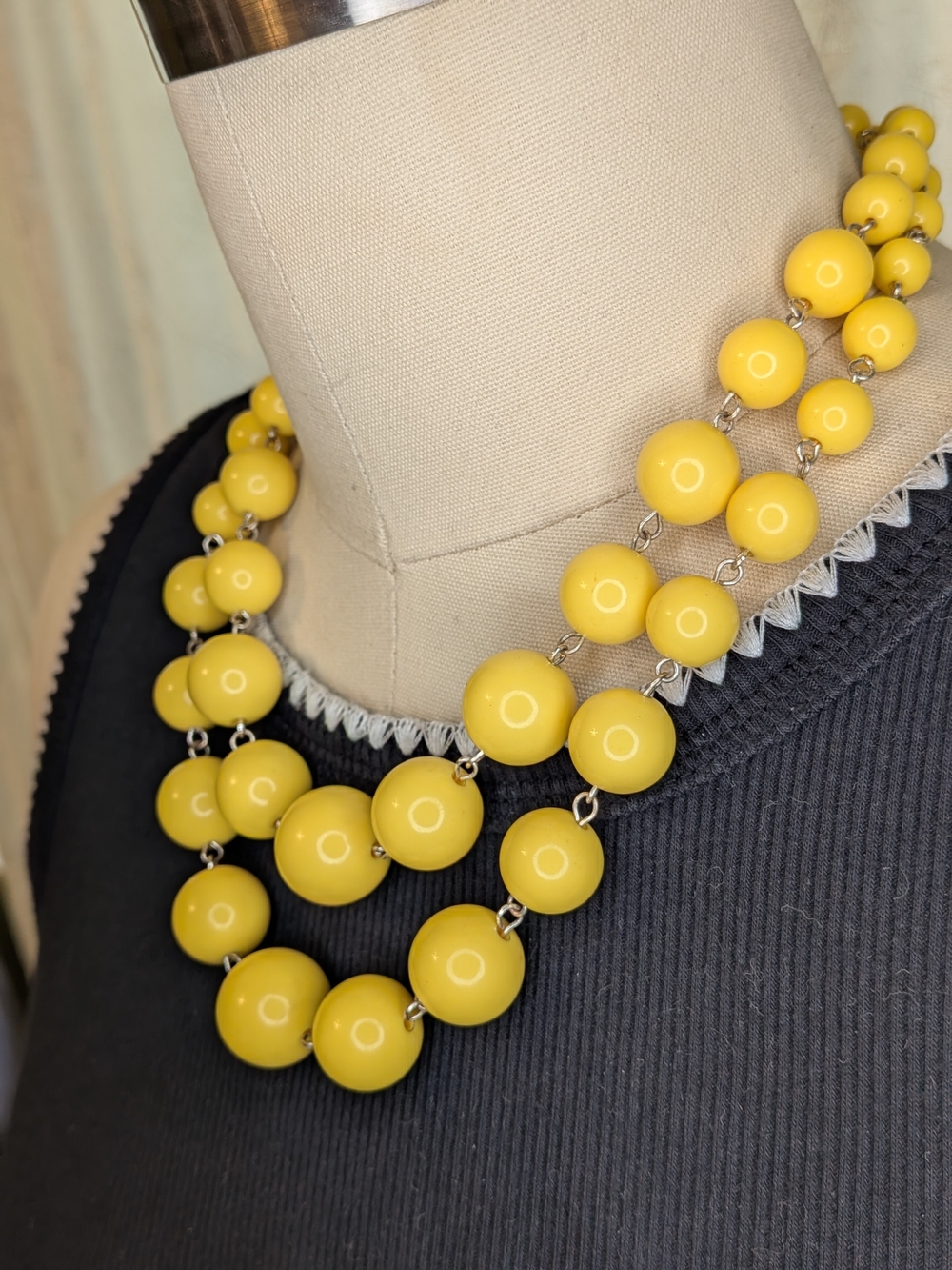 Vibrant Yellow Double Strand Graduated Bead Statement Necklace 9 Inch Drop - Picture 2 of 4